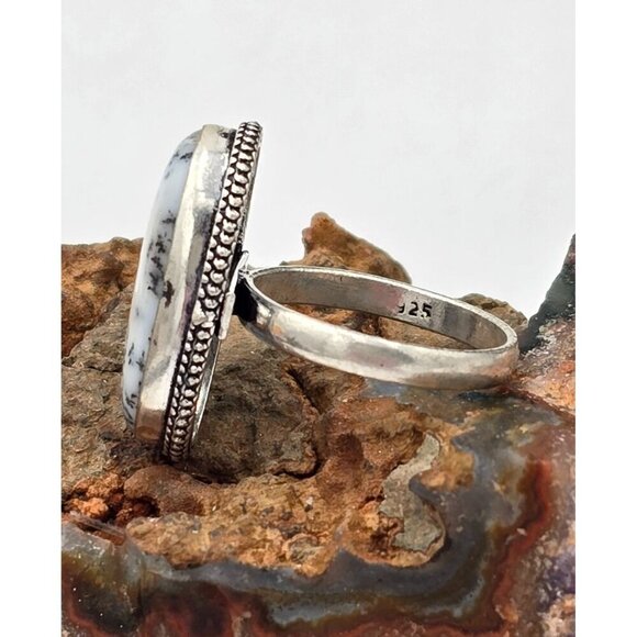 925 Sterling Silver Plt Dendritic Agate Ring Size 9 Bezel Setting Jewelry - Picture 3 of 5